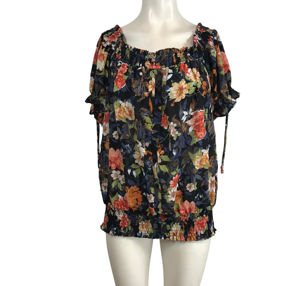 Sweet Rain Women's 2X Black Floral Square Neck Smocked Off Shoulder Top
